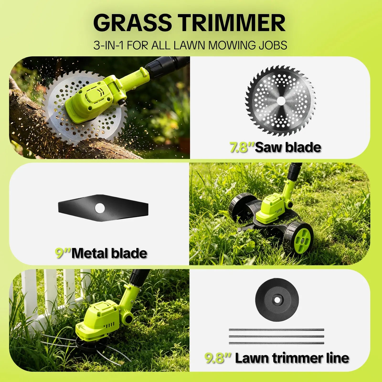 3-in-1 Cordless Lawn Trimmer with 2×21V Batteries, Lightweight Grass Cutter & Edger for Small to Medium Yards