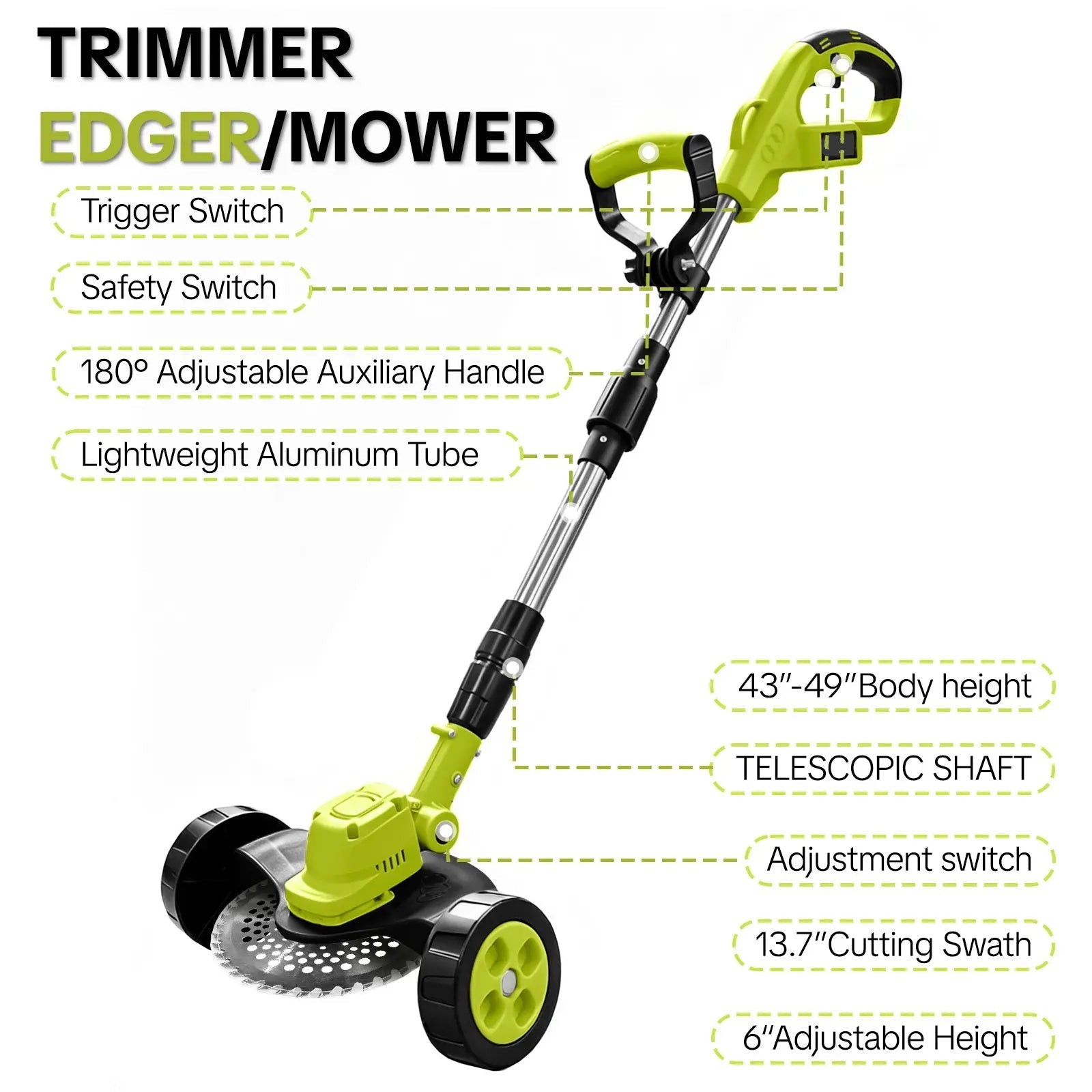 3-in-1 Cordless Lawn Trimmer with 2×21V Batteries, Lightweight Grass Cutter & Edger for Small to Medium Yards