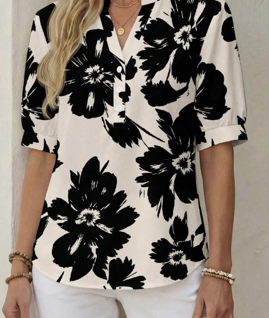 Women's Floral Pattern V-Neck Short Sleeve Casual Shirt